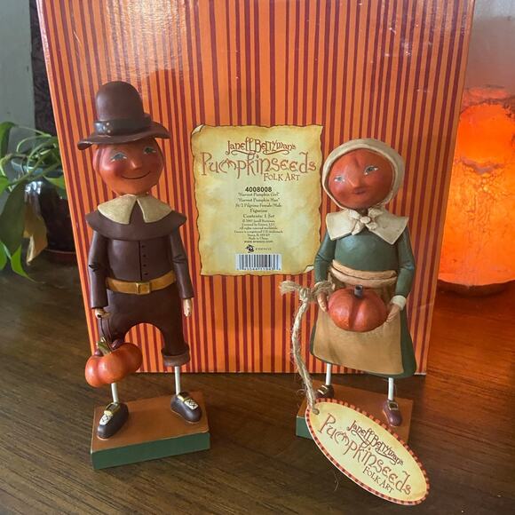 Pumpkinseeds Set of 2 Harvest Pumpkin Figurines Boy & Girl By Janell Berryman - Picture 1 of 11